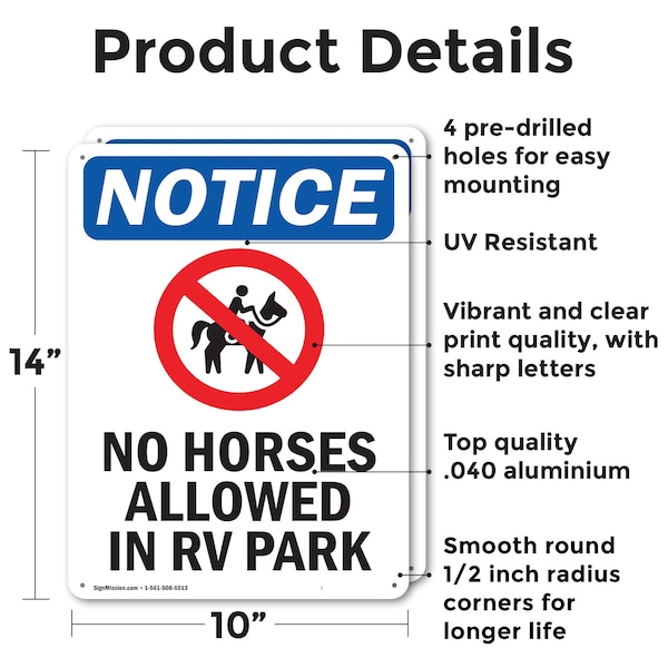 No Horses Allowed In RV Park, 10 In W X Rectangle, Aluminum